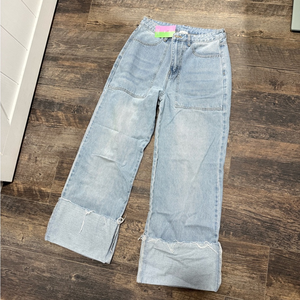 Le Lis Light Blue Wide Leg Cuffed Jeans